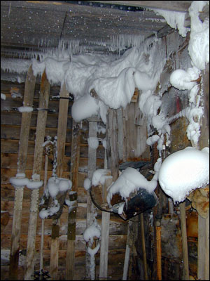 Snow inside the hut at Cape Evans