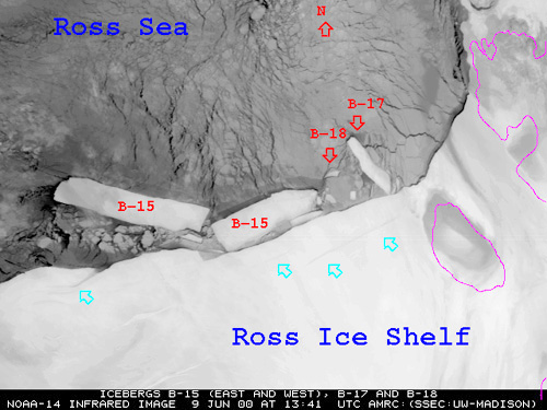 Satellite photo showing the B-15 iceberg broken in half