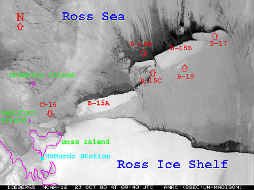 Satellite photo showing all of the B-15 icebergs as 
												 well as the new B-16 iceberg