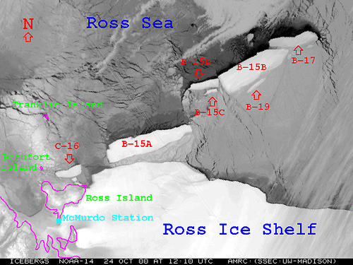Satellite photo showing the position of the 
															 icebergs as of 24 October 2000