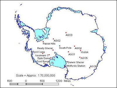 Map showing major field camps in Antarctica